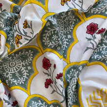 Load image into Gallery viewer, Tablecloth  6 seater - Green, yellow and white with red floral motifs
