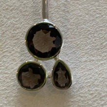 Load image into Gallery viewer, Smoky quartz stones and silver plated earring with three stones

