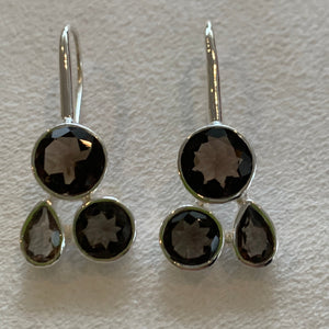 Smoky quartz stones and silver plated earring with three stones
